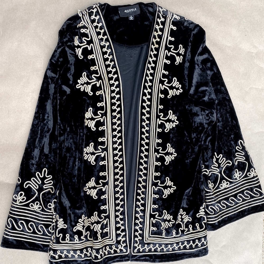Funky black velvet blazer with gold trim size Sm